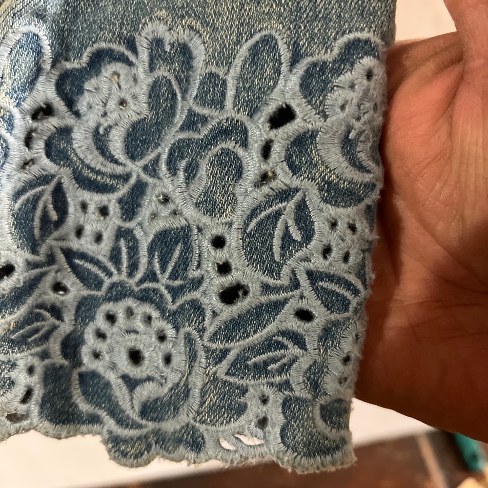 Lauren Ralph Lauren cropped jean jacket with blue flower embroidered cuffs